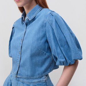 Jonathan Simkhai Antonia Denim Shirting Puff Sleeve Cropped Shirt